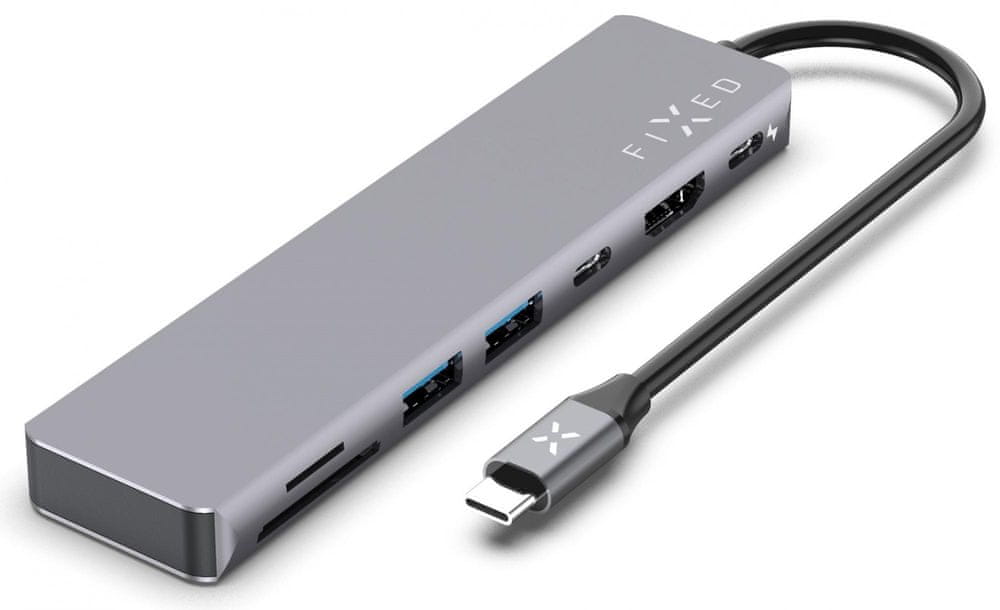 FIXED 7-portový hliníkový USB-C HUB Card pre notebooky a tablety FIXHU-CAD-GR, sivý