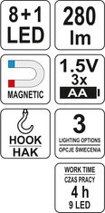 YATO Lampa montážna 8+1 LED, hák+magnet