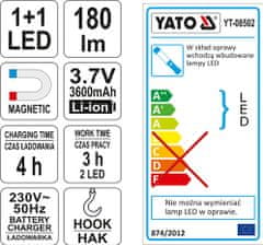 YATO Lampa montážna 1+1 LED, bezprívodová, 3,7V Li-ion, magnet+hák, 180lm