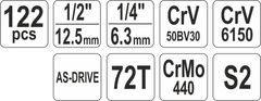 YATO Gola sada 1/2", 1/4" + príslušenstvo 122 ks