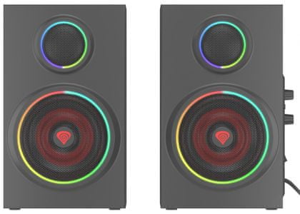 Genesis Helium 300BT (NCS-1716) reproduktory 2.0 bluetooth 5.0 RGB podsvietenie bočný panel pre nastavenie hlasitosti a basov pohotovostné režimy systém bass reflex