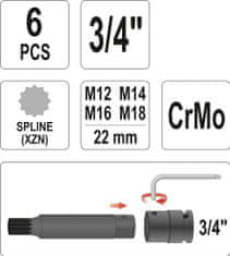 YATO Sada nástavcov 3/4" rázové 6 ks M12-M18 viaczubé CrMo