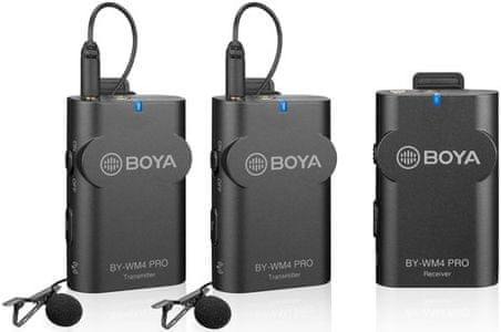 audio prijímač a vysielač aj mikrofón boya by-vm4 pro k2 vhodný do terénu lcd displej dosah 60 m prijímač s umiestnením na kameru vysielač s mic a link vstupmi automatický zámok tlačidlo mute skvelé pre reportérov youtuberov moderátorov omnidirekcionálny polárny vzor