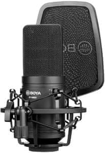 kvalitný kondenzátorový mikrofón Boya by-M800 xlr pripojenie celokovová konštrukcia skladací 34 mm membrána podcasting vlogging video konferencie nahrávanie vokálov aj nástrojov kardioidný režim