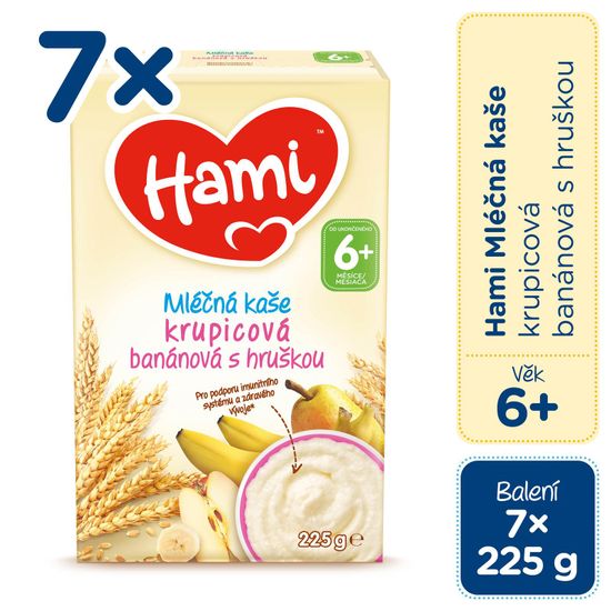 Hami mliečna kaša krupicová banánová a hruškou 7x 225g, 6+