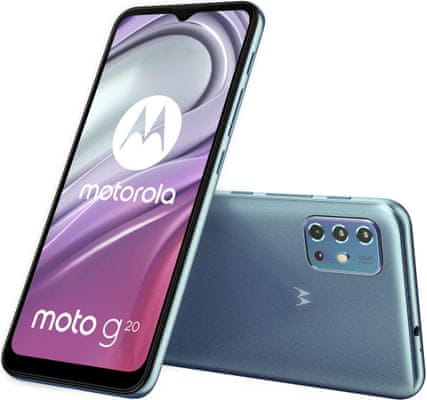 moderný mobilný dotykový telefón smartphone Motorola G20 power 10w nabíjanie 5000 mah batérie 48h výdrž lte wifi Bluetooth 2 sim pamäťová karta NFC platby 6,5palcový displej HD+ Max Vision displej 48mpx fotoaparát IP52 google assistant výkonný procesor kvalitný displej čítačka odtlačkov prstov odomykanie tvárou