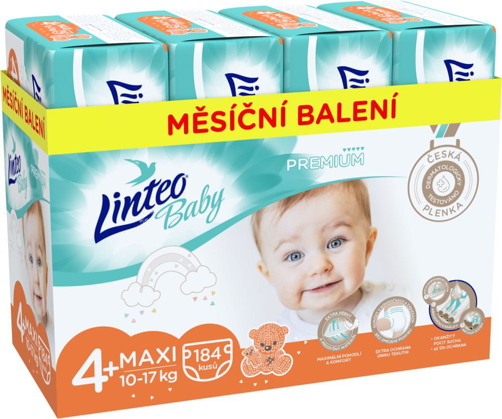 LINTEO Plienky Baby Prémium MAXI+ (10-17 kg) 184 ks