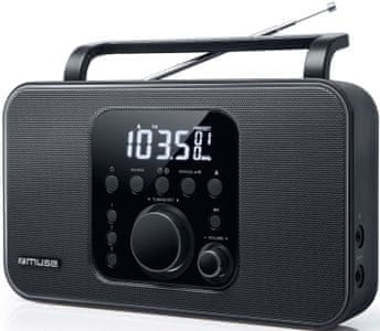 klasický rádioprijímač muse M-091R fm tunery 2pásmový dobrý zvuk slúchadlový výstup napájanie z batérií aux in vstup rukoväť snooze budík sleep hodiny