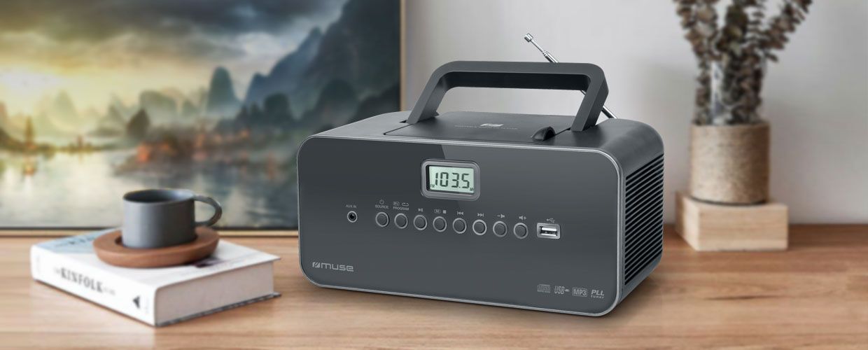  klasický rádiomagnetofón muse m-22bt cd mechanika fm tuner držadlo batérie elektrická sieť Bluetooth technológia reproduktor aux in vstup 