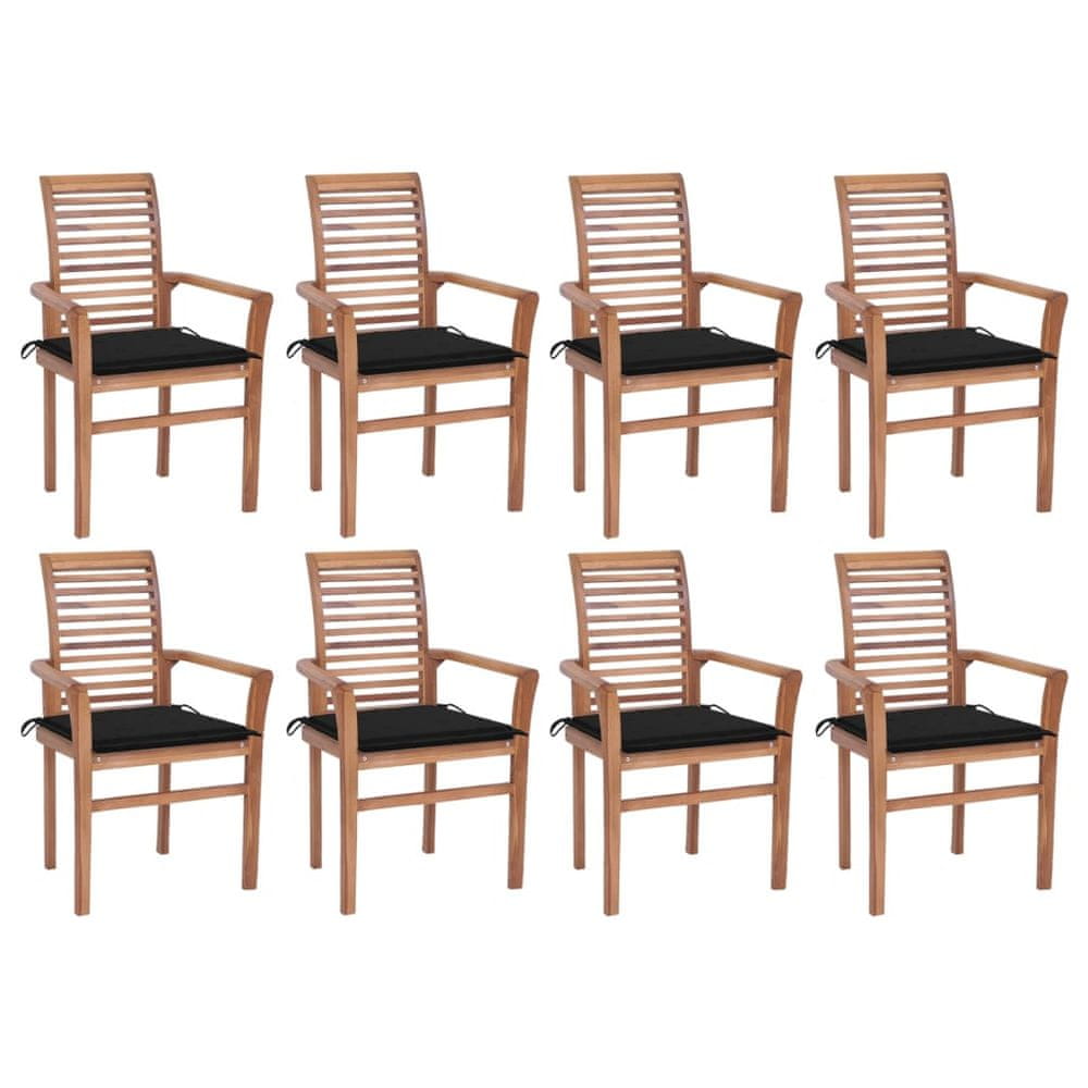 Vidaxl Jedálenské stoličky 8 ks čierne podložky tíkový masív