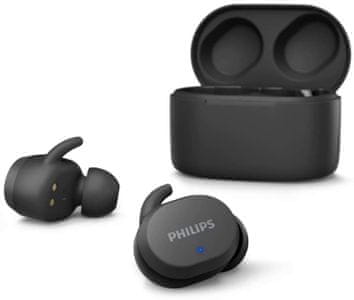 moderné Bluetooth slúchadlá philips tat3216 podpora hlasových asistentov odolné vode nabíjací box dlhá výdrž pohodlné v ušiach výkonné meniče dotykové ovládanie handsfree funkcie moderný dizajn