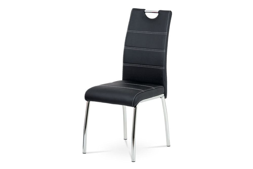 Autronic Jedálenská stolička, poťah čierna ekokoža, biele prešitie, kovová štvornohá chrómovaná podnož HC-484 BK