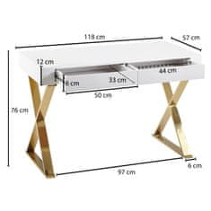 Bruxxi Písací stôl Famu, 118 cm, biela / zlatá