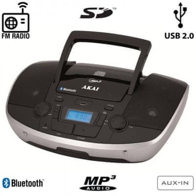 pekný rádiomagnetofón akai aprc-108 cd Bluetooth aux in slúchadlový výstup sd karty usb vstup reproduktory madlo fm tuner lcd displej