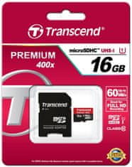 Transcend Micro SDHC Premium 400x 16GB 60MB/s UHS-I + SD adaptér (TS16GUSDU1)