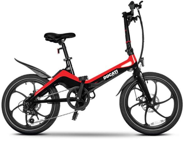 Elektrický skladací bicykel DUCATI MG-20 kompaktný ebike LCD displej jazdné režimy odnímateľná batérie dlhý dojazd skladacia konštrukcia LED osvetlenie Shimano výbava osadenie Shimano mechanické kotúčové brzdy blatníky SAMSUNG batérie