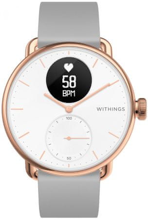 Inteligentné hodinky Withings Scanwatch 38mm, dlhá výdrž batérie, GPS, schody, výškomer, plávanie, potápanie, pre zdravie, detekuje fibriláciu predsiení, srdcový rytmus, spánkové apnoe výkonné hybridné hodinky športové aktivity notifikácie z telefónu zdravotné funkcie monitoring spánku SpO2 VOX2 EKG 5ATM vodotesné hodinky PMOLED displej