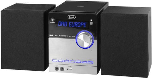 moderný mikrosystém trevi HCx 10d8 dab dab fm dab plus tuner bluetooth aux in usb port cd mechanika lcd displej slúchadlový výstup 20 predvolieb externé reproduktory 30 w výkon