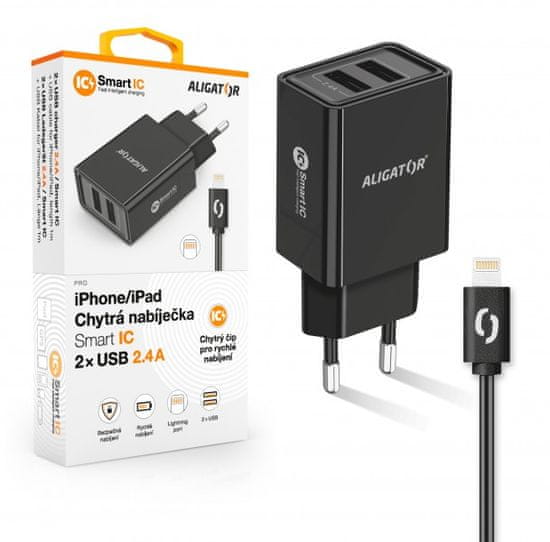 Aligator Chytrá sieťová nabíjačka 2,4 A, 2xUSB, smart IC, čierna, USB kábel pre iPhone/iPad