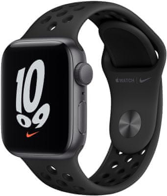 Chytré hodinky Apple Watch SE MKQ33HC/A, Retina displej monitorovanie tepu srdca hudobný prehrávač volanie notifikácie NFC platby Apple Pay hluk App Store Nike series Nike remienok Aple Nike Nike Apple Watch SE