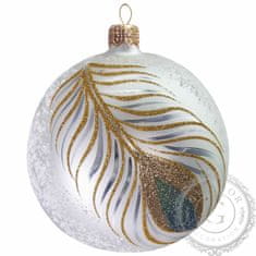 Decor By Glassor Vánoční koule bílá matná s dekorem pavího pera (Veľkosť: 10)
