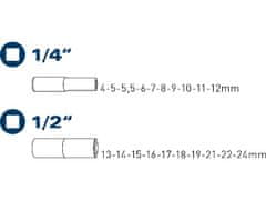 Fortum 4700012 20 dielna sada nástrčných hlavíc predĺžených, 1/4 ", 1/2"