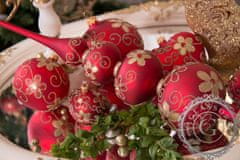Decor By Glassor Vianočná guľa červená zlaté kvety (Veľkosť: 8)