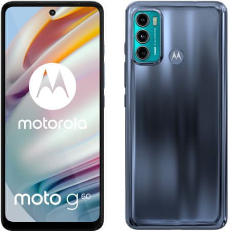 moderný mobilný dotykový telefón smartphone motorola g60 turbopower 20w nabíjanie 6000mah batéria výdrž lte wifi Bluetooth 2 sim Dual SIM pamäťová karta nfc 6,8palcový hd plus displej 108mpx fotoaparát ip52 google assistant ultraširokouhlý objektív širokouhlá kamera výkonný fotoaparát makro hĺbkový objektív