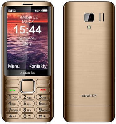 tlačidlový mobilný telefón aligator d940 dual sim fm rádio Bluetooth svietidlo budík pamäť pre 100 sms a 300 kontaktov farebný tft displej fotoaparát 1,3 mpx s interpoláciou hudobný prehrávač pohodlná klávesnica slúchadlá s handsfree