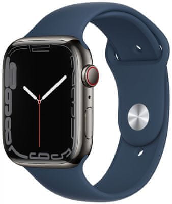 Inteligentné hodinky Apple Watch Series 7, Retina displej stále zapnuté EKG monitorovanie tepu srdcovej činnosti hudobný prehrávač volanie notifikácie NFC platby Apple Pay hluk App Store Senzor pre snímanie okysličenia krvi meranie fyzickej kondície VO2 max eSIM komunikácia bez prítomnosti iPhone