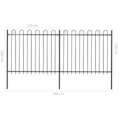 Vidaxl Záhradný plot s oblúkovým zakončením, oceľ 3,4x1,5 m, čierny
