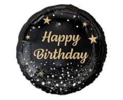 Balónik foliový Happy Birthday - čierny so zlatým nápisom narodeniny - okrúhly - 45 cm