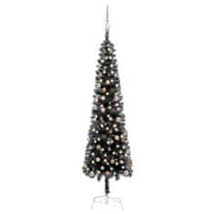 Vidaxl Úzky vianočný stromček s LED a sadou gulí čierny 240 cm