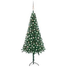 Vidaxl Rohový umelý vianočný stromček s LED a guľami zelený 240 cm PVC