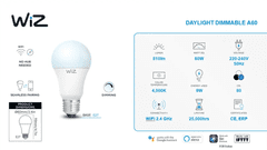 WiZ LED Žiarovka SMART WiFi A60 E27 WiZ60 DW F Biela 806lm 4000K 9W 1pc (WZE20026041)