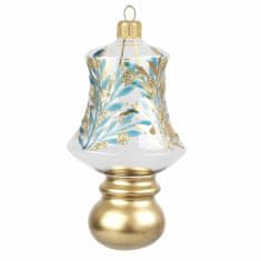 Decor By Glassor Vianočná ozdoba – voľný tvar zvonček s guľôčkou, dekor modrej a bronzovej vetvičky