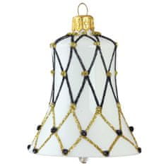 Decor By Glassor Vianočný zvonček biely s čierno-zlatou sieťkou