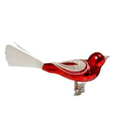 Decor By Glassor Sklenený vtáčik červený s bielym dekorom