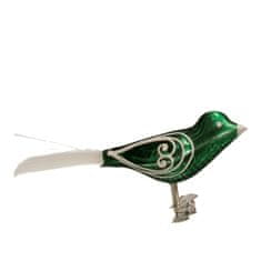 Decor By Glassor Sklenený vtáčik zelený s bielym dekorom