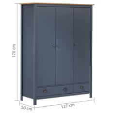 Petromila vidaXL 3-dverový šatník Hill, sivý 127x50x170 cm, borovicový masív