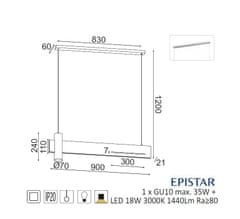 ACA Závesné svietidlo LINEA max. 1x35W/GU10 + LED 18W/230V/3000K/1440Lm/IP20, čierny mramor