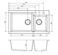 Granitový dvoj-dřez Amsterdam 860.1 bez odkapu. Barvy: bílá, černá, kávová. - Grey metalic (silvery)