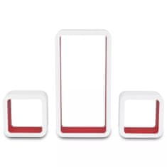 Vidaxl Bielo-červené nástenné poličky z MDF na uskladnenie kníh/DVD, 3 ks, tvar kocky