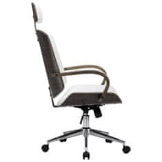 Vidaxl Otočná kancelárska stolička s opierkou hlavy biela umelá koža a ohýbané drevo