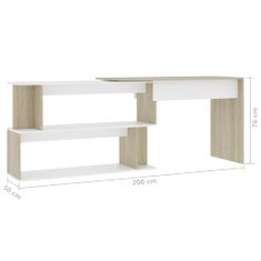 Vidaxl Rohový stôl, biela a dub sonoma 200x50x76 cm, drevotrieska
