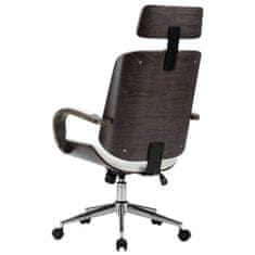 Vidaxl Otočná kancelárska stolička s opierkou hlavy biela umelá koža a ohýbané drevo