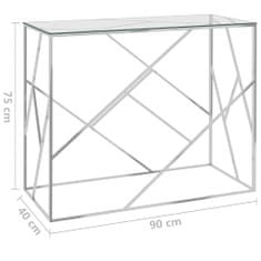 Vidaxl Príručný stolík strieborný 90x40x75 cm z nehrdzavejúca oceľ a sklo