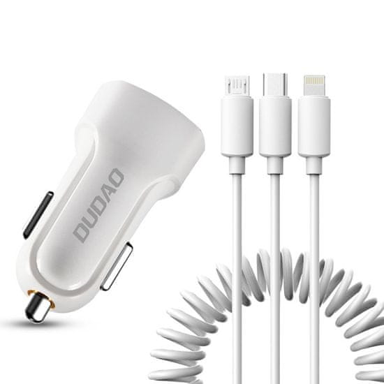 DUDAO nabíjačka do auta 2x USB 2.4A + USB kábel 3v1 Lightning / Type C / micro USB kábel (R7) - Biela KP14093