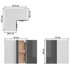 Vidaxl Rohová závesná skrinka vysokolesklá sivá 57x57x60 cm drevotrieska