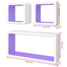 Vidaxl Bielo-fialové nástenné poličky z MDF na uskladnenie kníh/DVD, 3 ks, tvar kocky